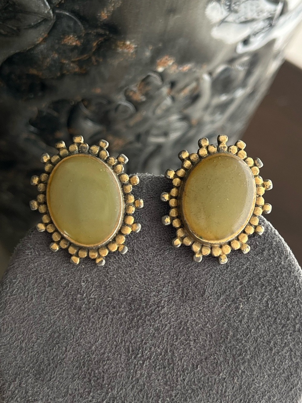 Authentic Vintage YSL Radiant Oval Olive Green Poured Glass Bronze Clip Earrings